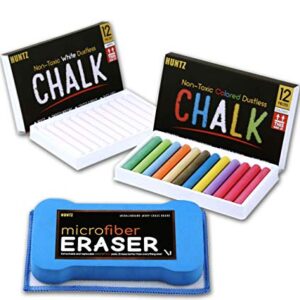 Huntz Dustless Chalk With Microfiber Eraser (Washable & Reusable) (12 White Chalks 12 Colored Chalks With Eraser)