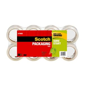 scotch sure start shipping packaging tape, 1.88″ x 54.6 yd, designed for packing, shipping and mailing, no splitting or tearing, 3″ core, clear, 8 rolls (3450-8)