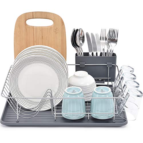 TOOLF Dish Rack, Large Capacity, Dish Drying Rack with Cutlery Holder, Removable Drip Tray, Cup Holder, Compact Kitchen Drainers for Countertop, Grey