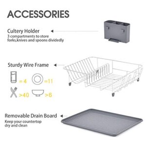 TOOLF Dish Rack, Large Capacity, Dish Drying Rack with Cutlery Holder, Removable Drip Tray, Cup Holder, Compact Kitchen Drainers for Countertop, Grey