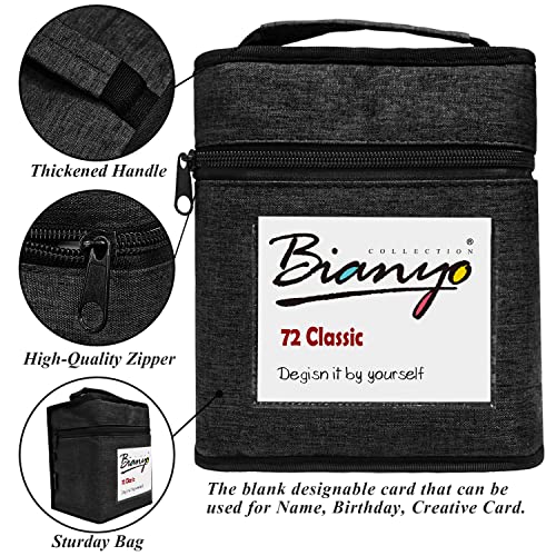 Bianyo Classic Series Alcohol Markers Set, Pack of 72, Dual Tip Bullet & Chisel Art Marker Set, Black Case with a Designable Card for Coloring, Drawing, Sketching, Outlining, Highlighting, Designing