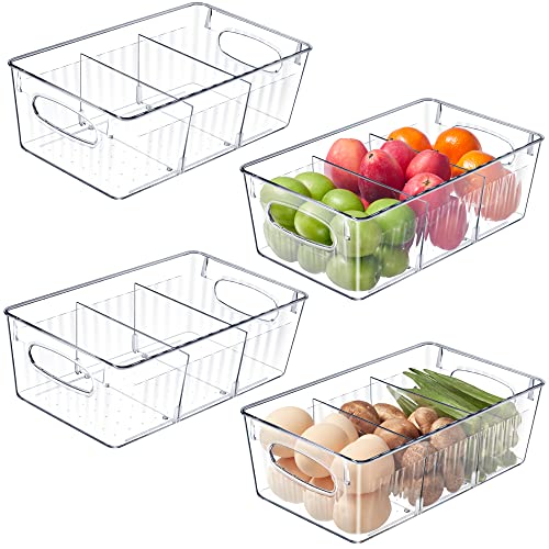 Kootek 4 Pack Clear Pantry Organization and Storage Bins, Freezer Organizer Bins Stackable Food Storage Organizer Bins with Handles Removable Dividers for Kitchen, Refrigerator, Cabinet