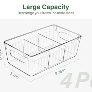 Kootek 4 Pack Clear Pantry Organization and Storage Bins, Freezer Organizer Bins Stackable Food Storage Organizer Bins with Handles Removable Dividers for Kitchen, Refrigerator, Cabinet