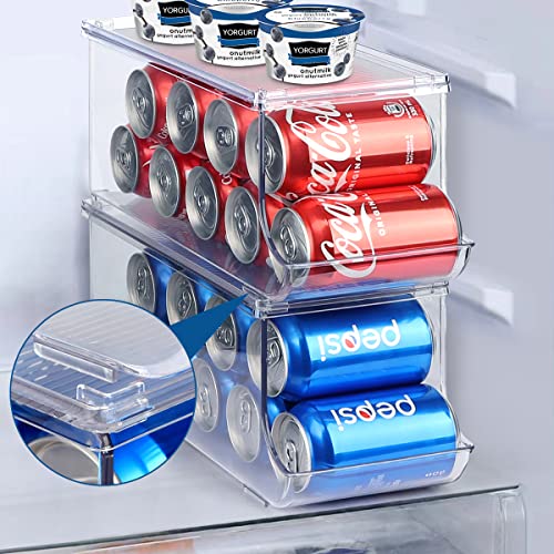 Refrigerator Organizer Bins, Soda Can Organizers, Stacking Drink Dispenser Holders Storage with Lids for Pantry, Fridge, Freezer, Kitchen, Cabinets-Holds 9 Cans Each, BPA-Free, Clear Design, (4-Pack)