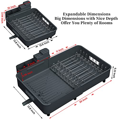 ADBIU Large Dish Drying Rack with Drainboard Set（12.8" - 20"） Expandable Compact Dish Drainer, 1 Piece Gray