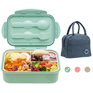 bento boxes for adults, 1100 ml bento lunch box for kids childrens with utensils, insulated lunch bag, durable for on-the-go meal, bpa-free and food-safe materials(green with bag)