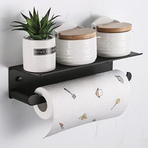 DUFU Paper Towel Holder Wall Mount for Kitchen, Self-Adhesive Paper Towel Holder with Shelf for Bathroom, Anti-Rust Aluminum, No Drill or Wall-Mounted with Screws (Matt Black)