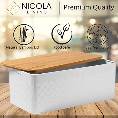 White Bread Box For Kitchen Countertop - Bread Box With Bamboo Wood Cutting Board Lid - Farmhouse White Bread Boxes - Metal Large Bread Box Modern Style To Extend Freshness - Bread Storage Container