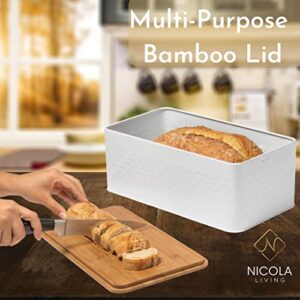 White Bread Box For Kitchen Countertop - Bread Box With Bamboo Wood Cutting Board Lid - Farmhouse White Bread Boxes - Metal Large Bread Box Modern Style To Extend Freshness - Bread Storage Container