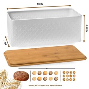 White Bread Box For Kitchen Countertop - Bread Box With Bamboo Wood Cutting Board Lid - Farmhouse White Bread Boxes - Metal Large Bread Box Modern Style To Extend Freshness - Bread Storage Container