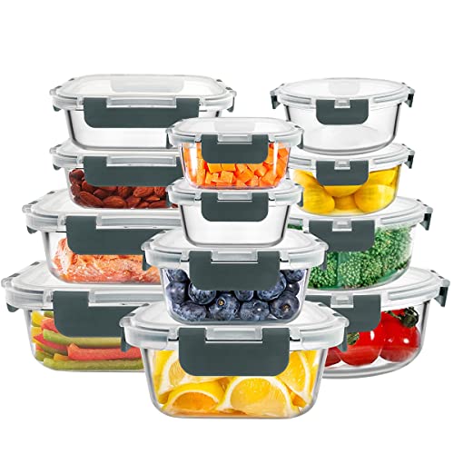 FREYBLI 24-Piece Glass Food Storage Containers with Lids, Glass Meal Prep Containers, Airtight Glass Lunch Bento Boxes, BPA Free & Leak Proof, Microwave, Oven, Freezer and Dishwasher