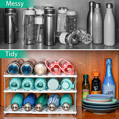 Water Bottle Organizer for Cabinet, 3 Tier Expandable Water Bottle Storage Rack, Water Bottle Shelf Storage for Tumbler Sports Flask Travel Mugs, Tumbler Storage for Cabinet Kitchen Countertop Fridge