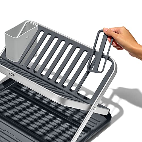 OXO Good Grips Aluminum Fold Flat Dish Drying Rack, 2-Tier, with Drainboard, for Kitchen Counter, Collapsible