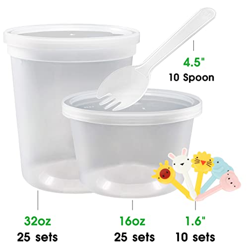 [50 Pack, 2 Size] Food Storage Containers with Lids,16oz, 32oz Plastic Airtight Deli Food Containers w Spoons, Microwave Freezer Food Container, BPA-Free Dishwasher Leakproof Clear Takeout Meal Preps