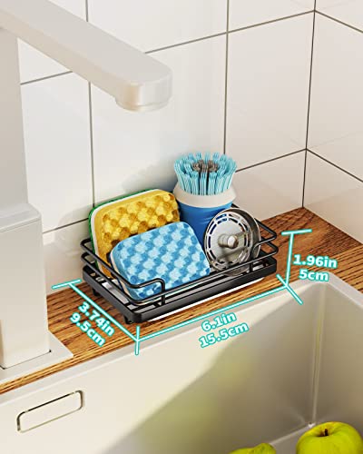 HapiRm Multifunctional Sponge Holder for Kitchen Sink, Rustproof Stainless Steel Sink Caddy with Drawable Drain Tray, Kitchen Sink Organizer for Sponge, Brush -Black(6.1*3.74*1.96in)