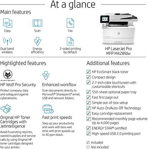 HP Laserjet Pro MFP M428fdw All-in-One Wireless Monochrome Laser Printer, White - Print Scan Copy Fax - 40 ppm, 1200 x 1200 dpi, Auto Duplex Printing, 50-Sheet ADF, Ethernet, Cbmoun Printer_Cable