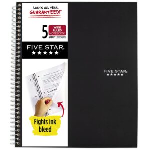 five star spiral notebook, 5-subject, wide ruled paper, 200 sheets, 10-1/2″ x 8″, color will vary (05206)