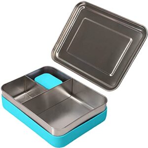 weesprout 18/8 stainless steel bento box (large) – 3 compartment metal lunch box, skid-proof silicone, for kids & adults, bonus dip container, fits in lunch & work bags, dishwasher & freezer friendly