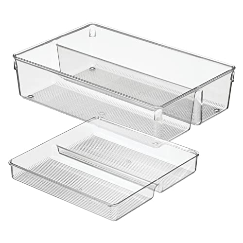 mDesign Plastic Stackable Kitchen Storage Drawer Organizer Bin with 2-Tier Tray for Cabinet, Pantry, Drawer, Refrigerator, Freezer - Hold Utensils, Flatware, Appliances - Ligne Collection - Clear