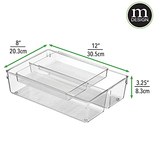 mDesign Plastic Stackable Kitchen Storage Drawer Organizer Bin with 2-Tier Tray for Cabinet, Pantry, Drawer, Refrigerator, Freezer - Hold Utensils, Flatware, Appliances - Ligne Collection - Clear