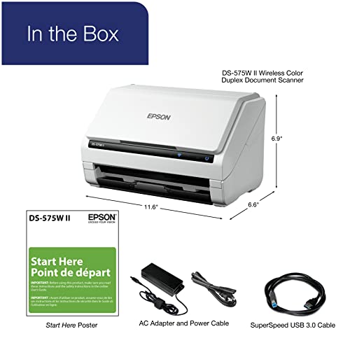 Epson DS-575W II Wireless Color Duplex Document Scanner for PC and Mac with 50-Page Auto Document Feeder (ADF), Twain and ISIS Drivers, Epson Smart Panel Mobile App