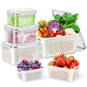 tbmax fruit vegetable storage containers for fridge – 4 pack large produce saver containers refrigerator organizer bins, plastic produce keepers with lid & colander for salad berry lettuce storage