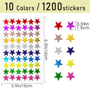 Yidelly 1200 Pack Foil Metallic Star Stickers, 10 Sparkling Colors Self-Adhesive Sticker for Kids Reward, 0.6" Diameter