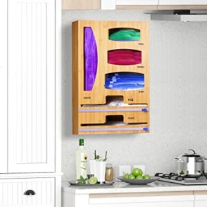 Bag Organizer Compatible with Ziplock, Jeethemy Foil and Plastic Wrap Organizer, 6 in 1 Bamboo Dispenser with Cutter for Kitchen Drawer and Wall Mounted, Storage for Gallon,Quart,Sandwich,Snack