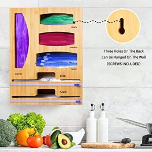 Bag Organizer Compatible with Ziplock, Jeethemy Foil and Plastic Wrap Organizer, 6 in 1 Bamboo Dispenser with Cutter for Kitchen Drawer and Wall Mounted, Storage for Gallon,Quart,Sandwich,Snack