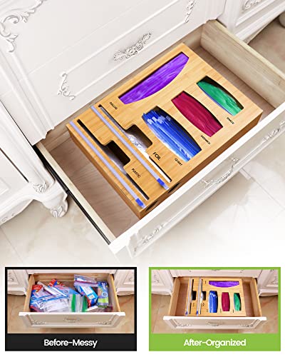 Bag Organizer Compatible with Ziplock, Jeethemy Foil and Plastic Wrap Organizer, 6 in 1 Bamboo Dispenser with Cutter for Kitchen Drawer and Wall Mounted, Storage for Gallon,Quart,Sandwich,Snack