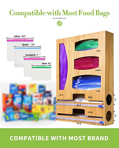 Bag Organizer Compatible with Ziplock, Jeethemy Foil and Plastic Wrap Organizer, 6 in 1 Bamboo Dispenser with Cutter for Kitchen Drawer and Wall Mounted, Storage for Gallon,Quart,Sandwich,Snack