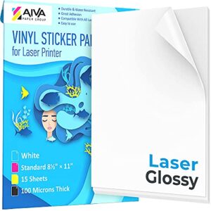 printable vinyl sticker paper for laser printer – glossy white – 15 self-adhesive sheets – waterproof decal paper – standard letter size 8.5″x11″
