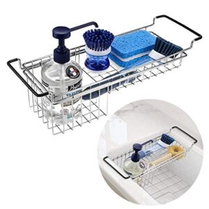 kefanta kitchen sink caddy sponge holder, hanging dish sponge organizer holder, telescopic farmhouse sink accessories, over sink expandable(14”-20”) brush soap storage rack – stainless steel