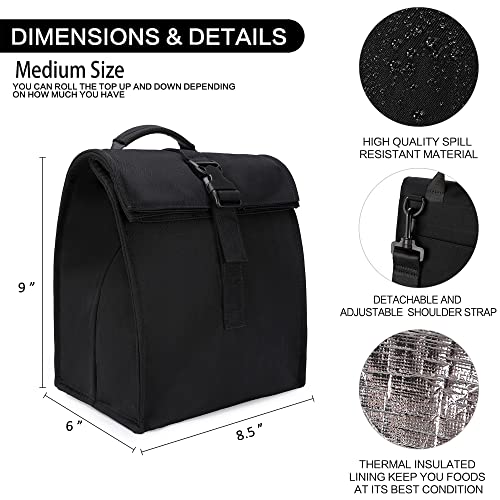 SUNNY BIRD Insulated Lunch Bag Rolltop Lunch Box for Women, Men, Adults and Teens (Black)