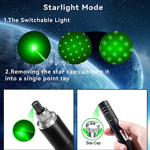 Green Laser Pointer Long Range High Power Tactical Green Beam Flashlight Laser pointer rechargeableUSB Laser Pointer Cat toys with Star Cap Adjustable Focus for Teaching Outdoor Hunting