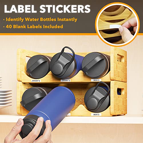 SpaceAid Bamboo Water Bottle Organizer with Labels, Kitchen Pantry Water Bottle Storage Rack for Cabinets, Home Cup and Wine Bottle Holder Shelf Organizers, 2 Pack 3-Slot, Hold 6 Bottles