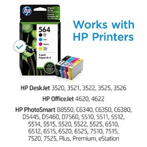 Original HP 564 Black, Cyan, Magenta, Yellow Ink (4-pack) | Works with DeskJet 3500; OfficeJet 4620; PhotoSmart B8550, C6300, D5400, D7560, 5500, 6510, 6520, 7500, Plus, Premium, eStation | 3YQ22AN