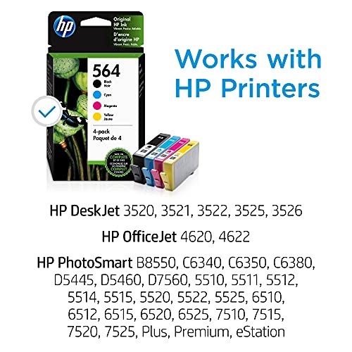 Original HP 564 Black, Cyan, Magenta, Yellow Ink (4-pack) | Works with DeskJet 3500; OfficeJet 4620; PhotoSmart B8550, C6300, D5400, D7560, 5500, 6510, 6520, 7500, Plus, Premium, eStation | 3YQ22AN