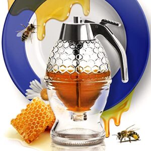 clevli honey dispenser – glass honey dispenser – no drip 8 oz –honey pourer dispenser, honey pot with stand – for syrup, sugar, sauces, jar with non slip support, flip top lid for easy works