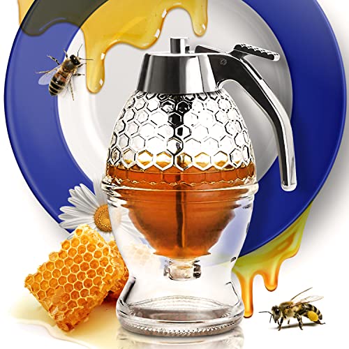 CLEVLI Honey Dispenser – Glass Honey Dispenser – No Drip 8 Oz –Honey Pourer Dispenser, Honey Pot with Stand – for Syrup, Sugar, Sauces, Jar with Non Slip Support, Flip Top Lid for Easy Works