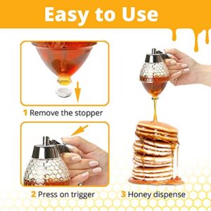 CLEVLI Honey Dispenser – Glass Honey Dispenser – No Drip 8 Oz –Honey Pourer Dispenser, Honey Pot with Stand – for Syrup, Sugar, Sauces, Jar with Non Slip Support, Flip Top Lid for Easy Works