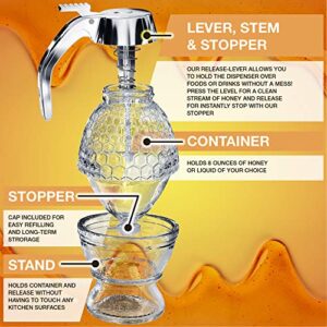 CLEVLI Honey Dispenser – Glass Honey Dispenser – No Drip 8 Oz –Honey Pourer Dispenser, Honey Pot with Stand – for Syrup, Sugar, Sauces, Jar with Non Slip Support, Flip Top Lid for Easy Works