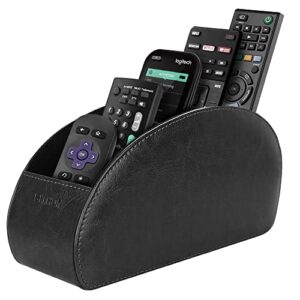 sithon remote control holder with 5 compartments – pu leather remote caddy desktop organizer store tv, dvd, blu-ray, media player, heater controllers, black