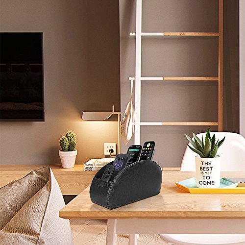 SITHON Remote Control Holder with 5 Compartments - PU Leather Remote Caddy Desktop Organizer Store TV, DVD, Blu-Ray, Media Player, Heater Controllers, Black