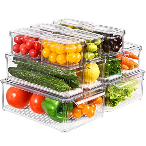 Moretoes 12 Pack Fridge Organizer with Lids, Clear Stackable Refrigerator Organizer Bins with 6 liners, BPA-Free Produce Fruit Storage Containers and Plastic Pantry Organization for Food, Vegetable