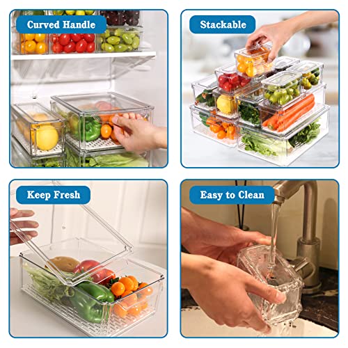 Moretoes 12 Pack Fridge Organizer with Lids, Clear Stackable Refrigerator Organizer Bins with 6 liners, BPA-Free Produce Fruit Storage Containers and Plastic Pantry Organization for Food, Vegetable