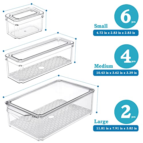 Moretoes 12 Pack Fridge Organizer with Lids, Clear Stackable Refrigerator Organizer Bins with 6 liners, BPA-Free Produce Fruit Storage Containers and Plastic Pantry Organization for Food, Vegetable