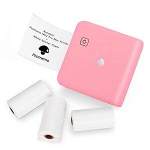 phomemo m02 pro pocket printer- mini bluetooth thermal printer with 3 rolls white sticker paper, compatible with ios + android for learning assistance, study notes, journal, fun, work, pink