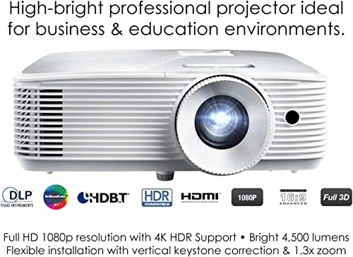 Optoma EH412x Professional 1080p Projector | 4,500 Lumens for Daytime Use in Meetings, Training and Classrooms | 15,000 Hour Lamp Life | 4K HDR Input | Built-in Speaker