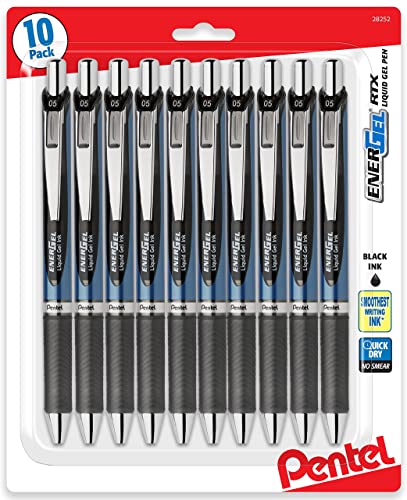 Pentel Energel 0.5 mm Black Needle Tip Pens 10 Pack Rtx Retractable Liquid Gel Pen, Great for Office, School & Home for Women & Men